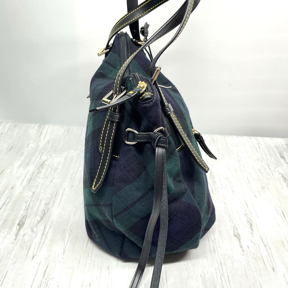 Dooney & Bourke Tartan Large Nina Bag Blue & Green Plaid Canvas Leather Handles - Picture 4 of 16